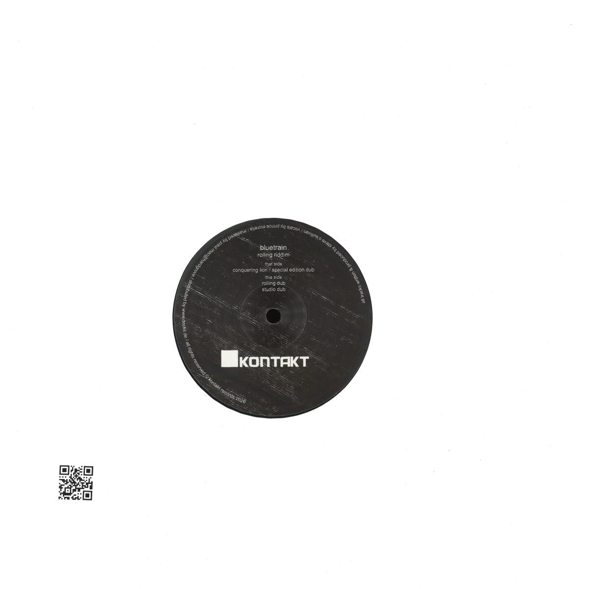 Decks BLUETRAIN Rolling Riddim vinyl record with colorful label and black vinyl, shown from the back side.