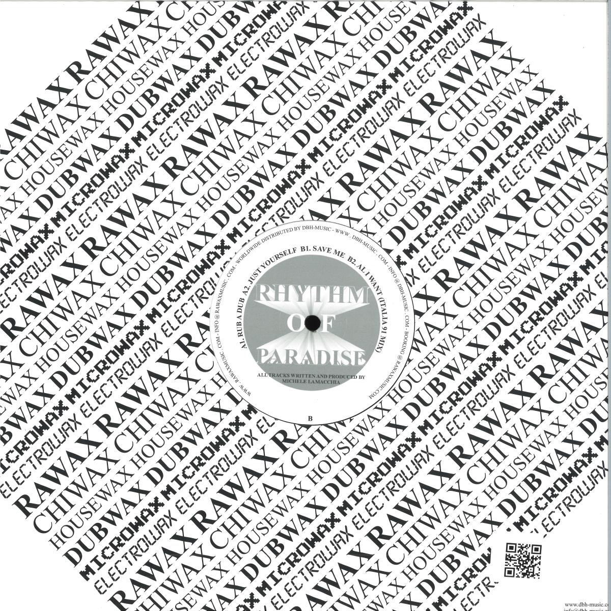 Back cover of DBH Rhythm of Paradise – Rub a Dub EP vinyl record, featuring colorful album artwork and track details.