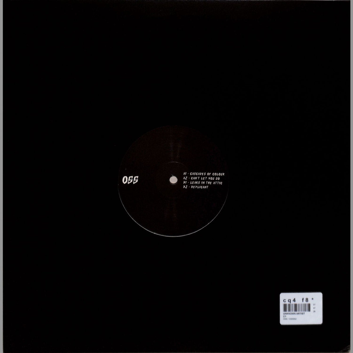Yoyaku vinyl record "UNKNOWN ARTIST – OSS 002" with back cover artwork and track details visible.