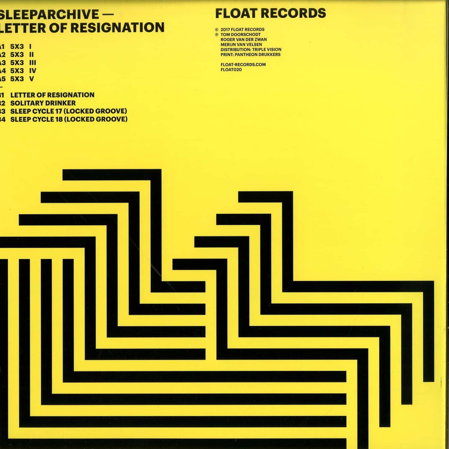 Back of Second Hand SLEEPARCHIVE letter of resignation vinyl record with black and white label design visible.