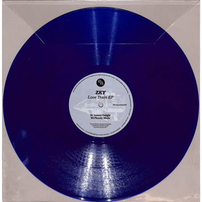 Back cover of ZKY LOVE TRAIN EP vinyl record by Syncrophone, featuring artwork and track details on a black background.