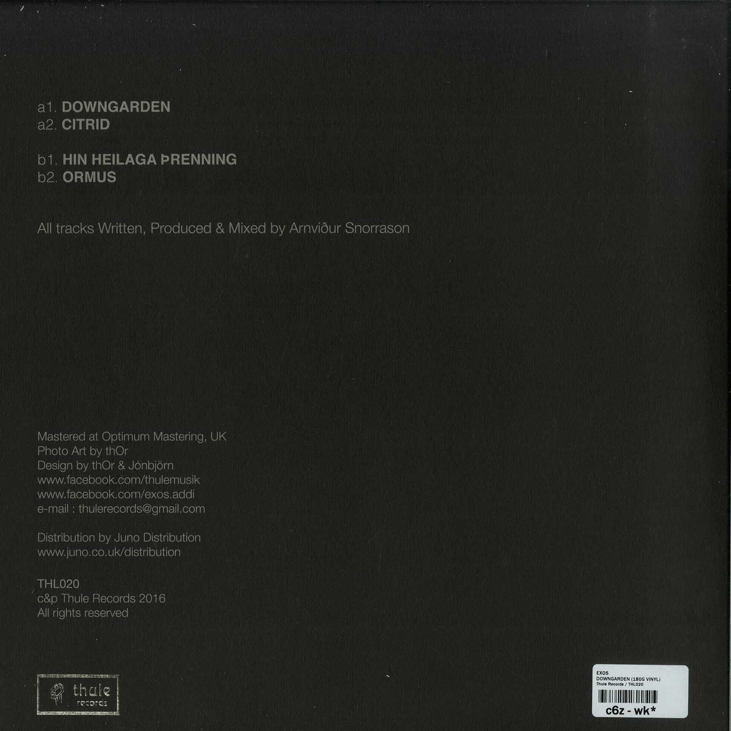 Back of EXOS DownGarden vinyl record by Second Hand, showing the record's label and design details.