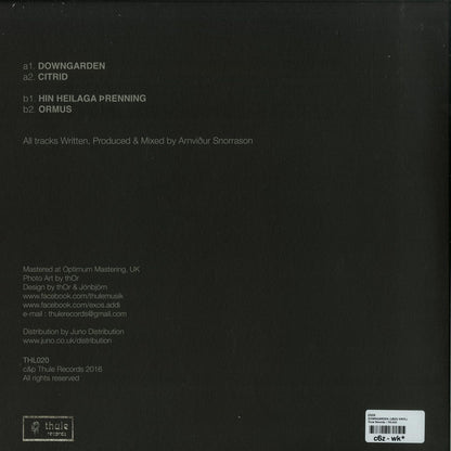 Back of EXOS DownGarden vinyl record by Second Hand, showing the record's label and design details.