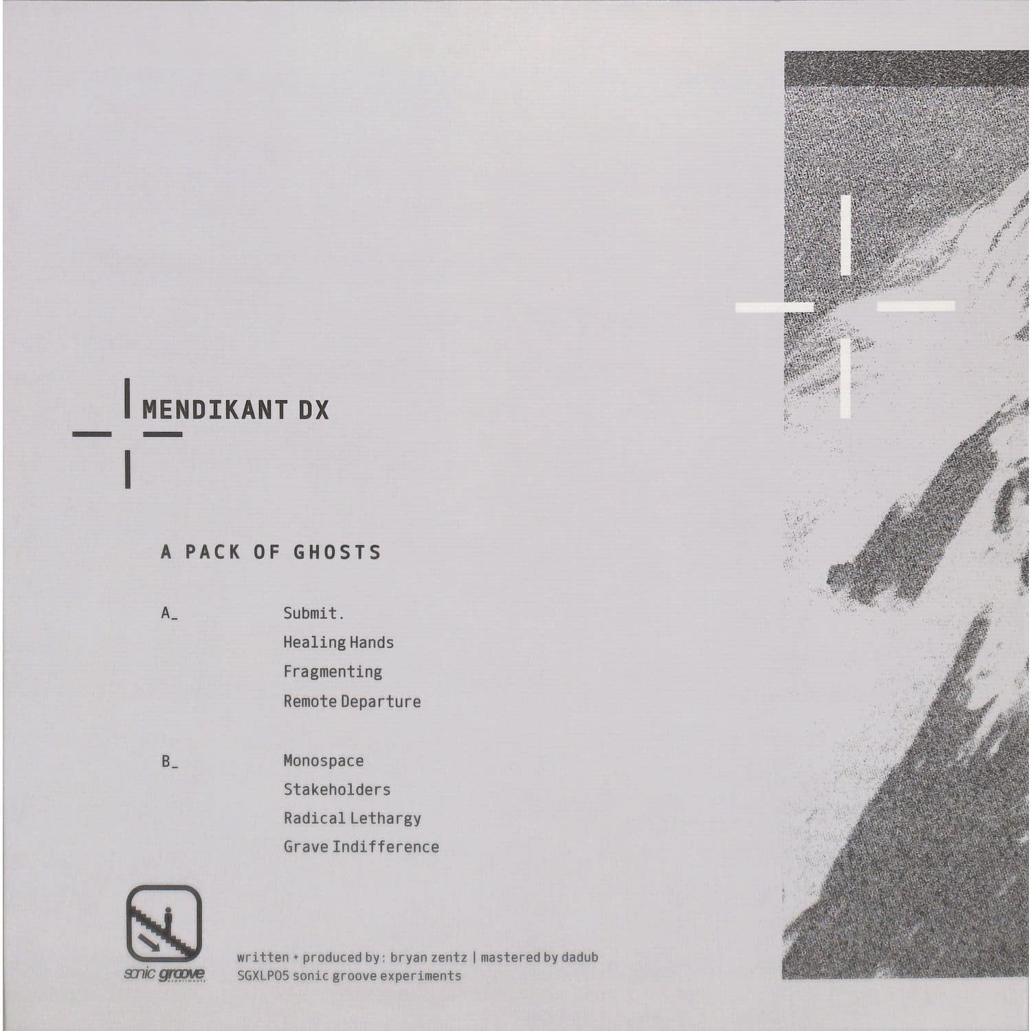 Back of Triple Vision MENDIKANT DX vinyl record album titled A PACK OF GHOSTS with dark artwork and ghostly imagery.