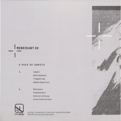 Back of Triple Vision MENDIKANT DX vinyl record album titled A PACK OF GHOSTS with dark artwork and ghostly imagery.