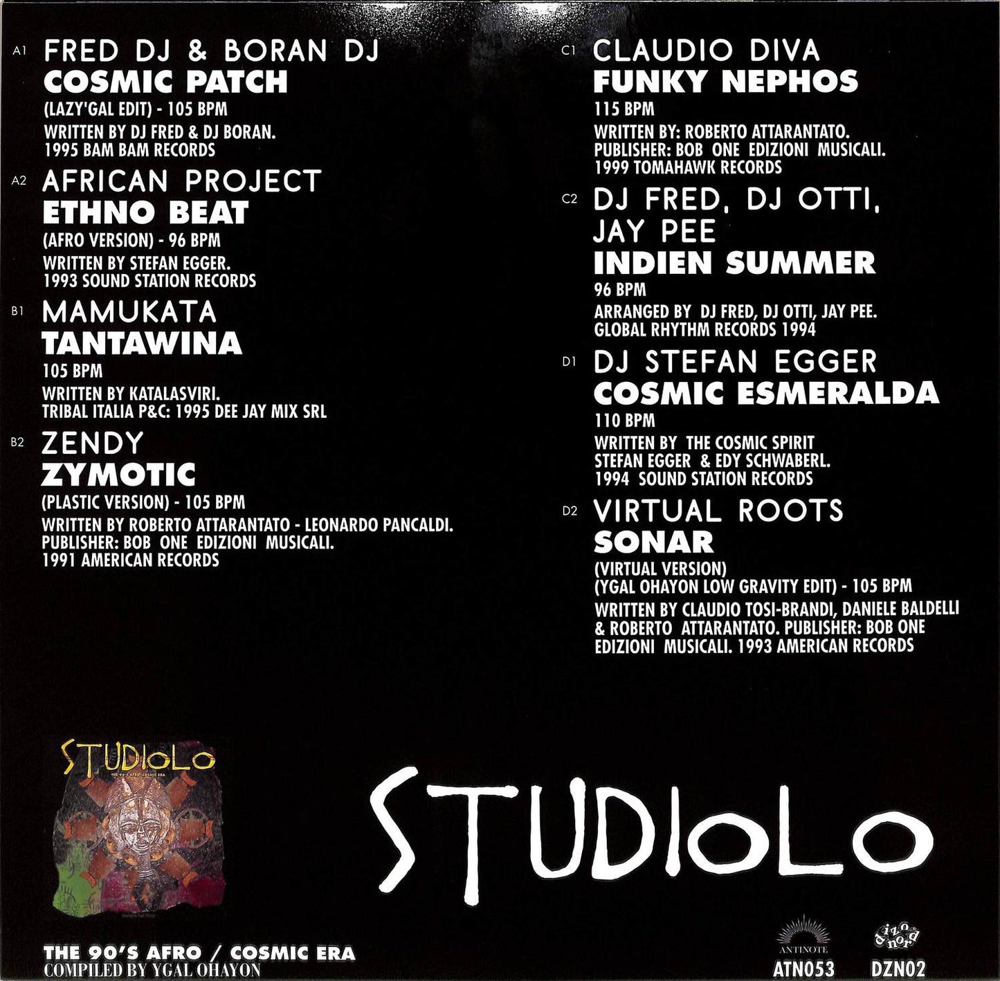 Back cover of Second Hand StudioLo's 90s Afro/Cosmic Era vinyl record, featuring vibrant cosmic and Afro-inspired artwork.
