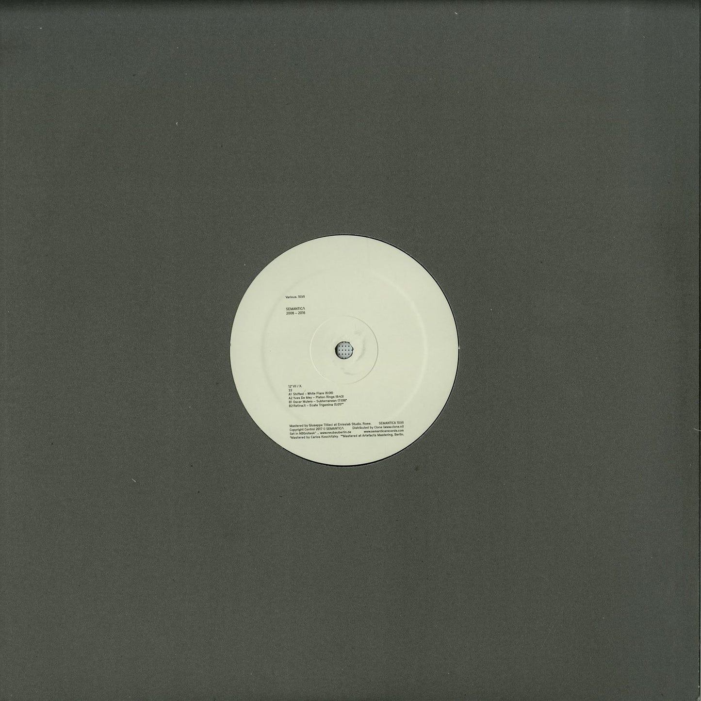 Second hand vinyl record titled "SHIFTED, Yves De Mey, Oscar Mulero, Retina.it" from Semantica, featuring a black record with visible label.