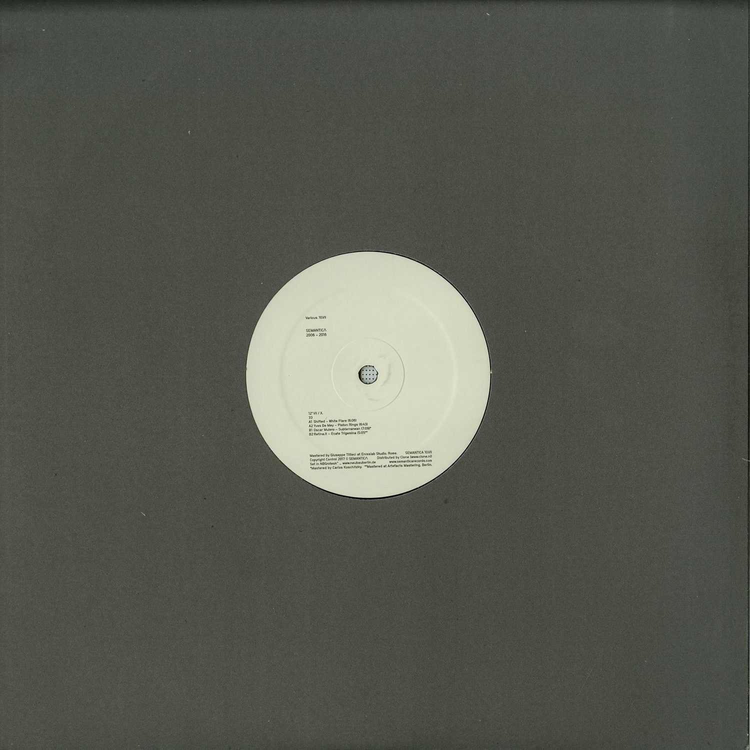 Second hand vinyl record titled "SHIFTED, Yves De Mey, Oscar Mulero, Retina.it" from Semantica, featuring a black record with visible label.