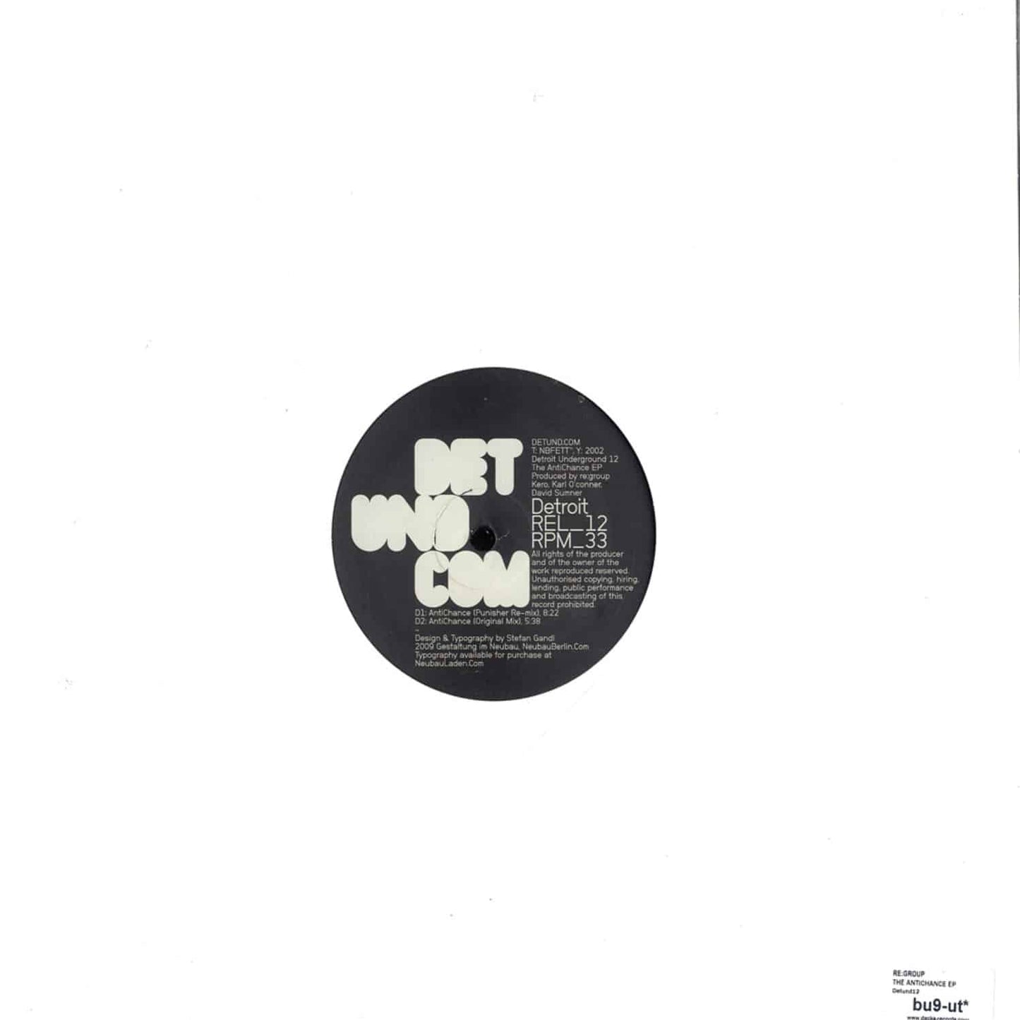 Back of vinyl record for RE:GROUP Punisher Jesse Somfay – The Antichance EP, second-hand vinyl with detailed label artwork.