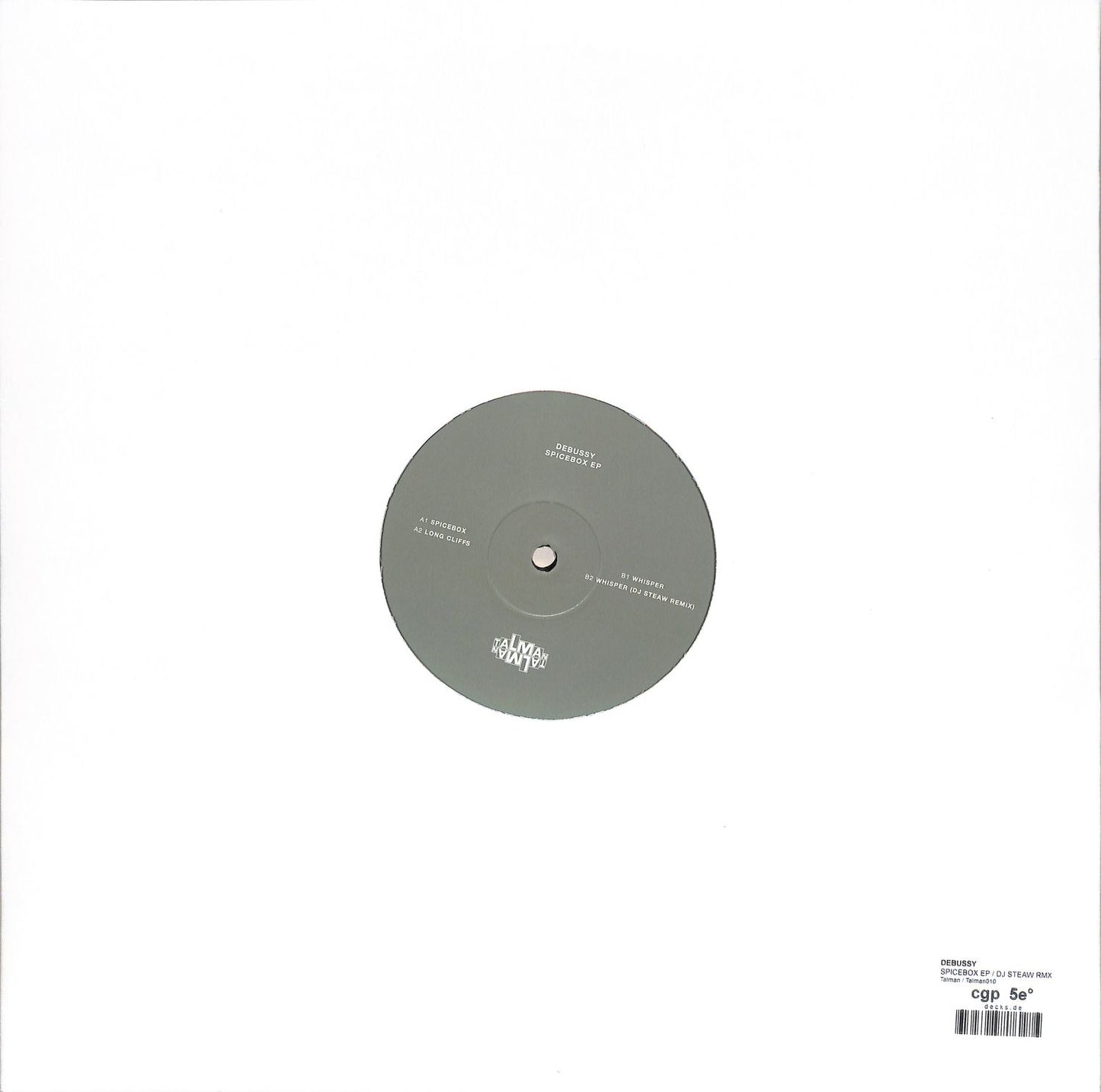 Back of Syncrophone vinyl record for DEBUSSY, DJ STEAW – SPICEBOX EP, showing the black vinyl and label details.