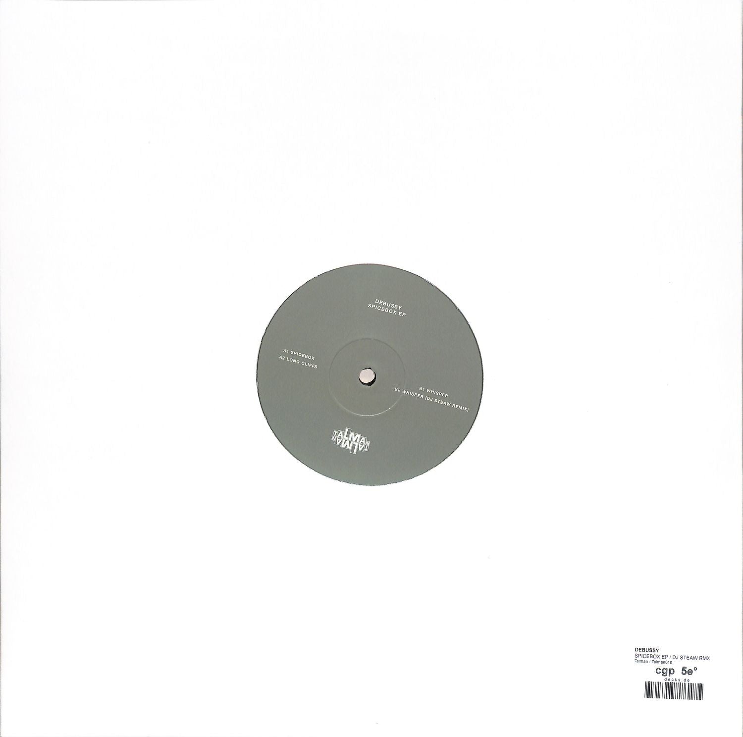 Back of Syncrophone vinyl record for DEBUSSY, DJ STEAW – SPICEBOX EP, showing the black vinyl and label details.