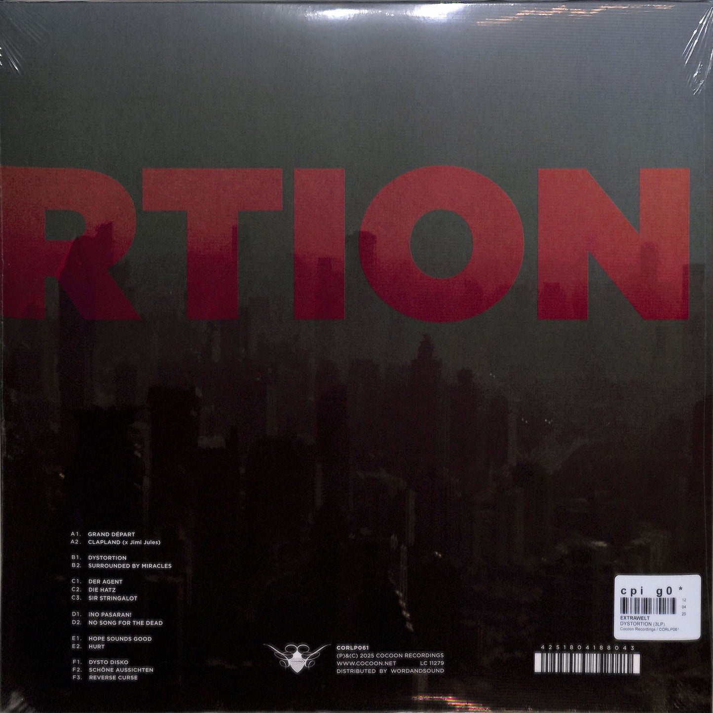 Back cover of Word and Sound's EXTRAWELT DYSTORTION vinyl record with abstract artwork and track listing.