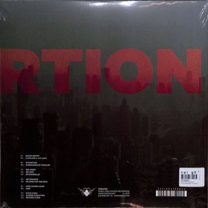 Back cover of Word and Sound's EXTRAWELT DYSTORTION vinyl record with abstract artwork and track listing.