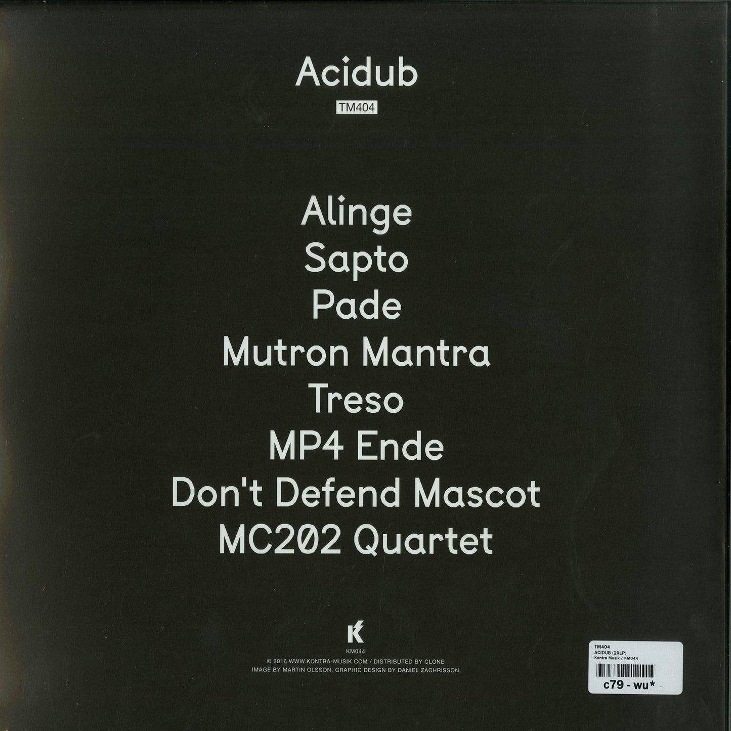 Second Hand TM404 Acidub vinyl record with black label and vintage design, showing the back cover with artwork and track details.