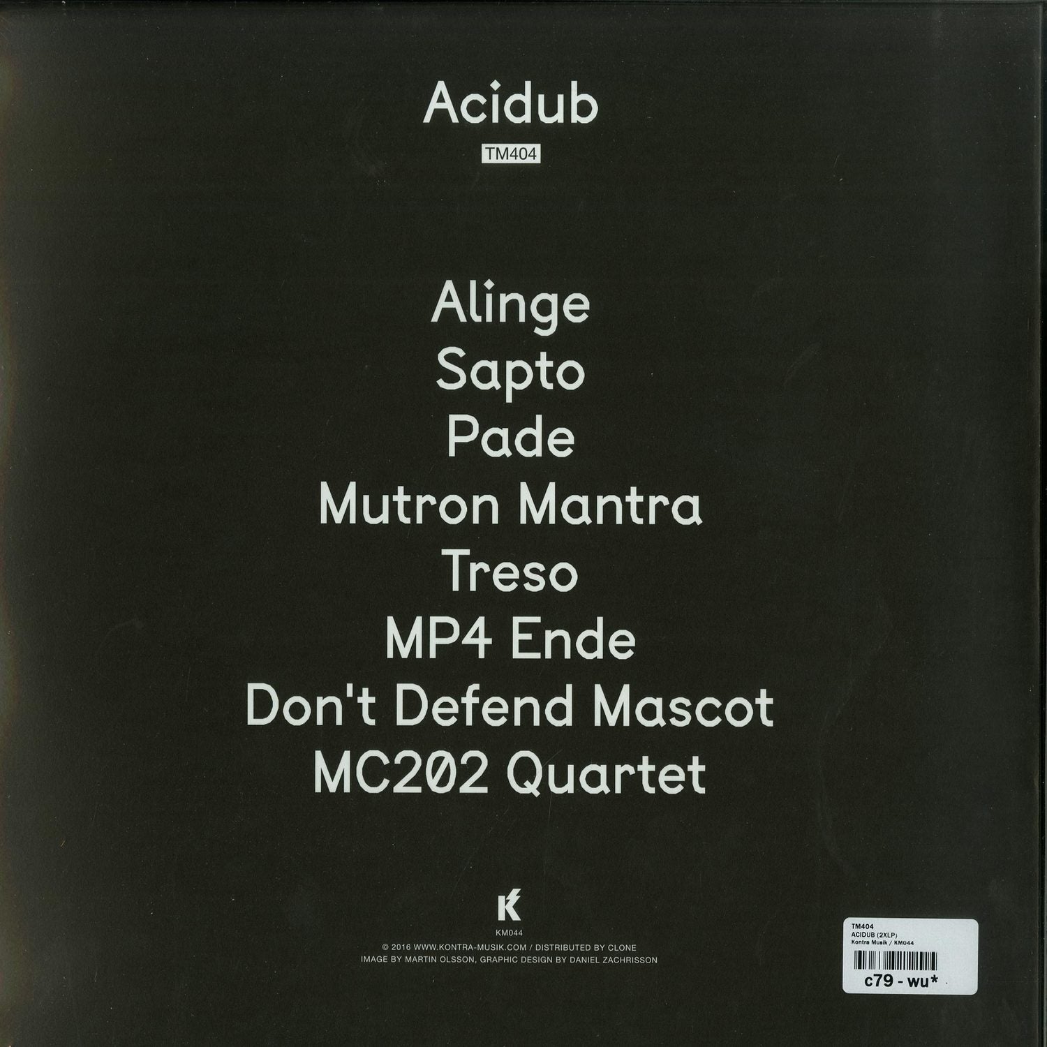 Second Hand TM404 Acidub vinyl record with black label and vintage design, showing the back cover with artwork and track details.