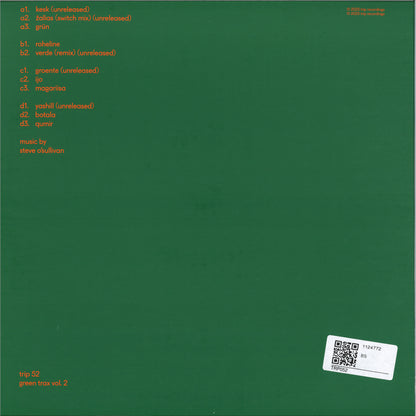 Back cover of Triple Vision vinyl record "STEVE O'SULLIVAN – GREEN TRAX VOL.2" featuring green-themed artwork and track details.