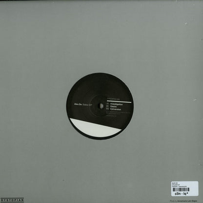A second-hand vinyl record of ALEX.DO’s Stalker EP with the back cover showing artwork and album details.