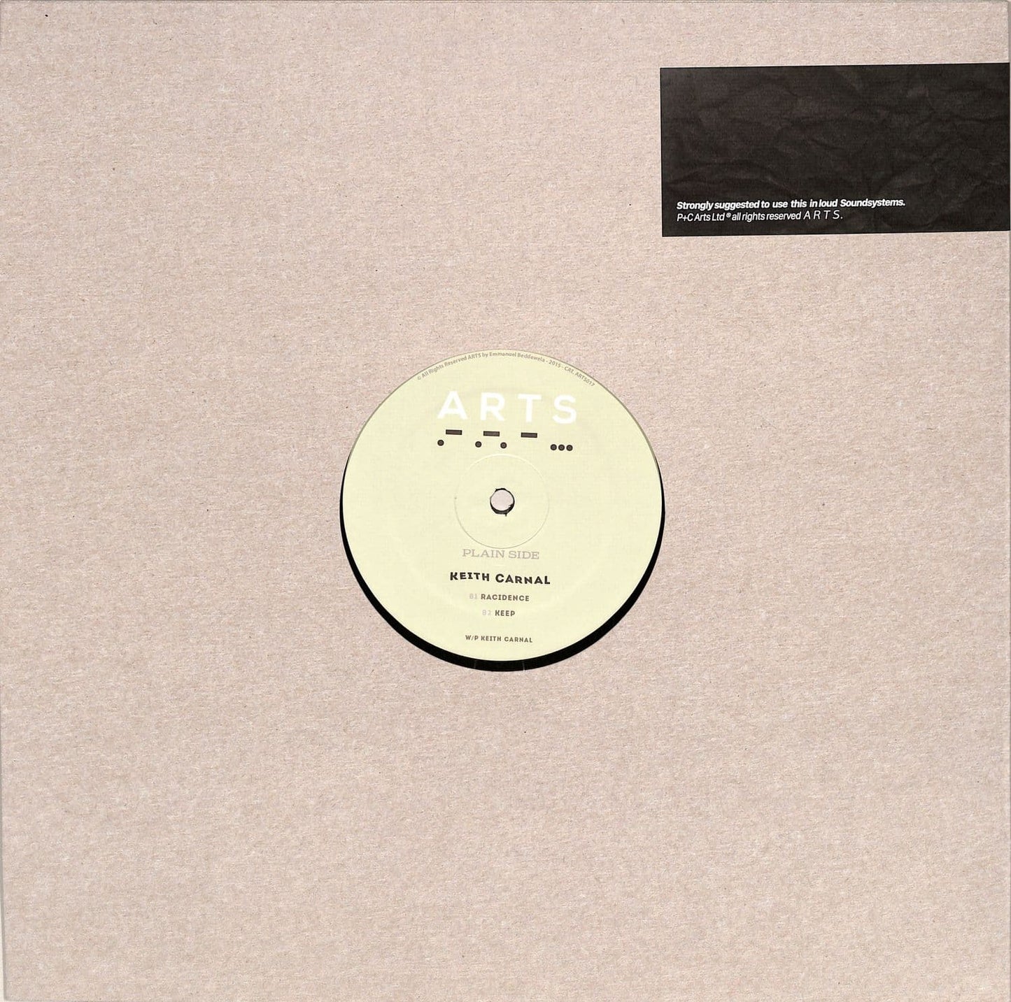 Second Hand KEITH CARNAL aluminium vinyl record with black and silver label, shown from the back side.
