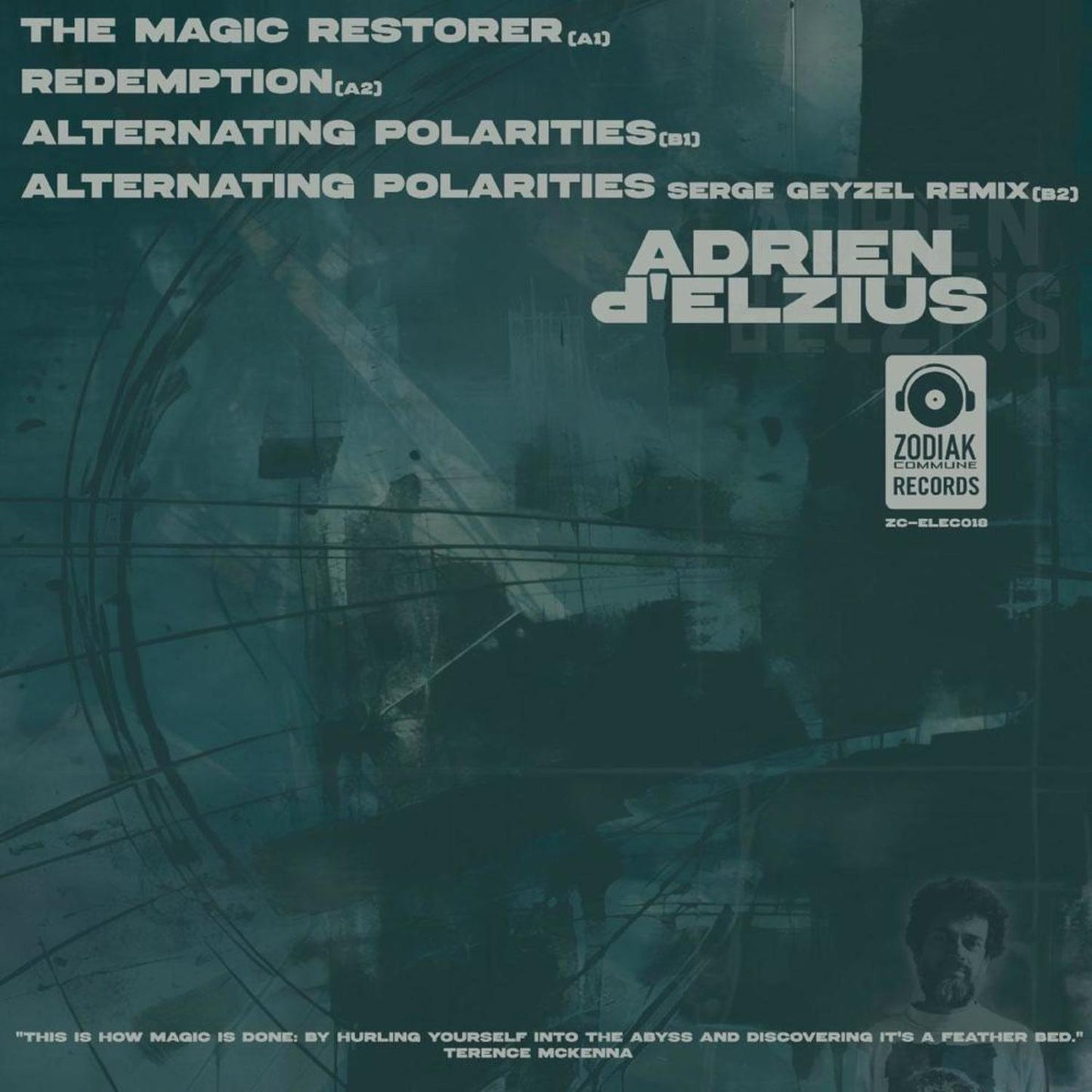 Back cover of Triple Vision vinyl record "The Magic Restorer" by Adrien D'Elzius and Serge Geyzel, featuring artwork and track info.