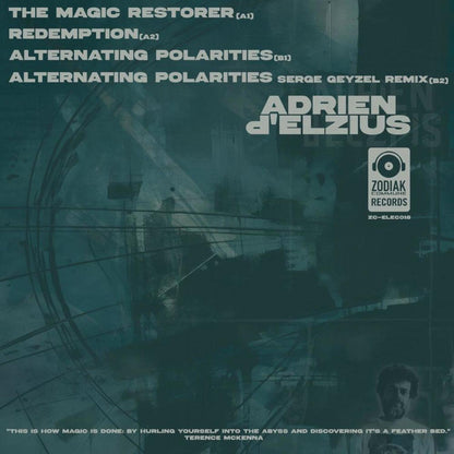 Back cover of Triple Vision vinyl record "The Magic Restorer" by Adrien D'Elzius and Serge Geyzel, featuring artwork and track info.