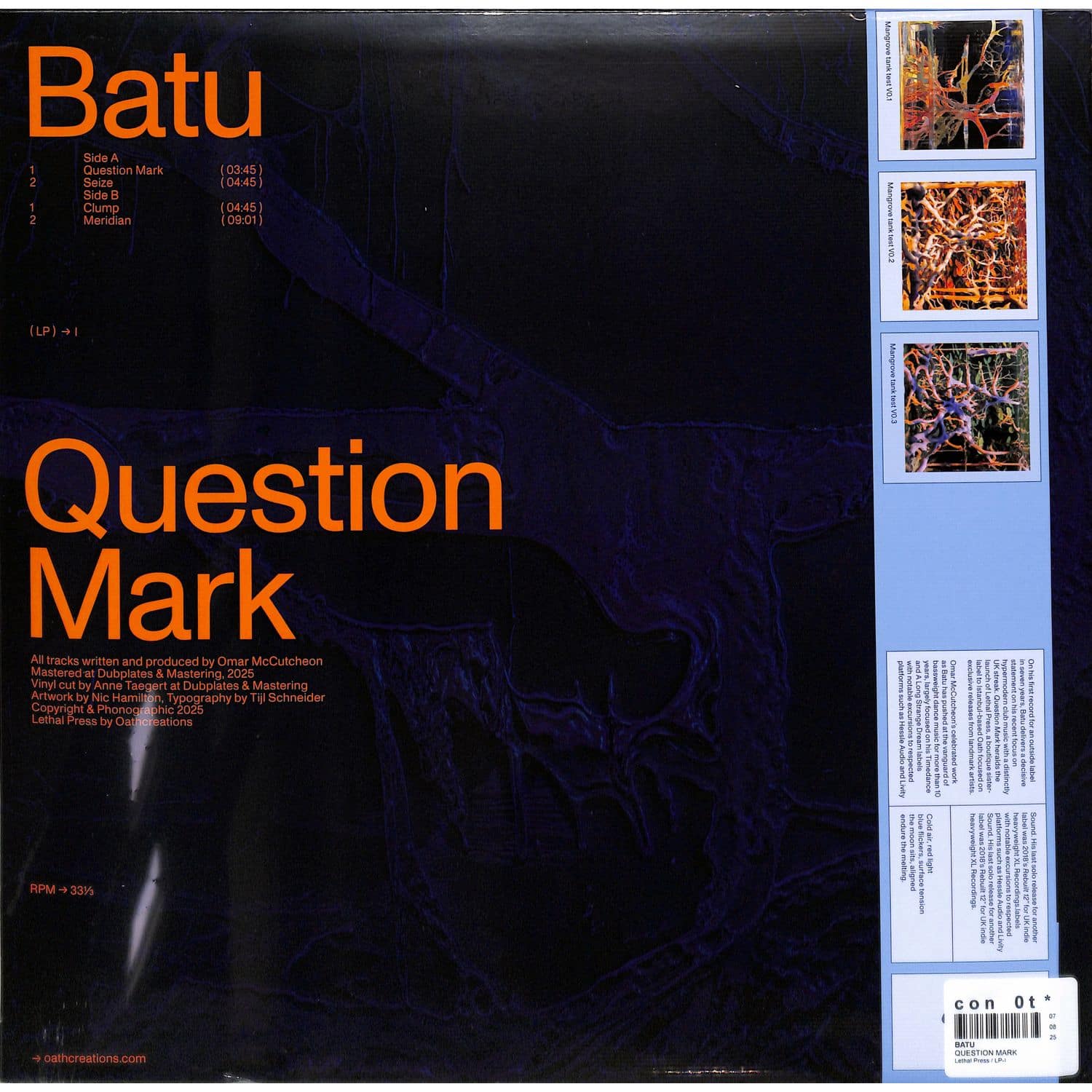 Rubadub BATU vinyl record with question mark artwork, showing the back cover design in black and white.