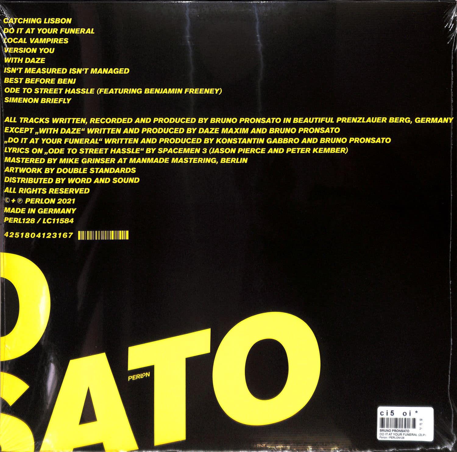 Back cover of Bruno Pronsato’s vinyl record "Do It At Your Funeral" by Word and Sound, showing artwork and track listing.