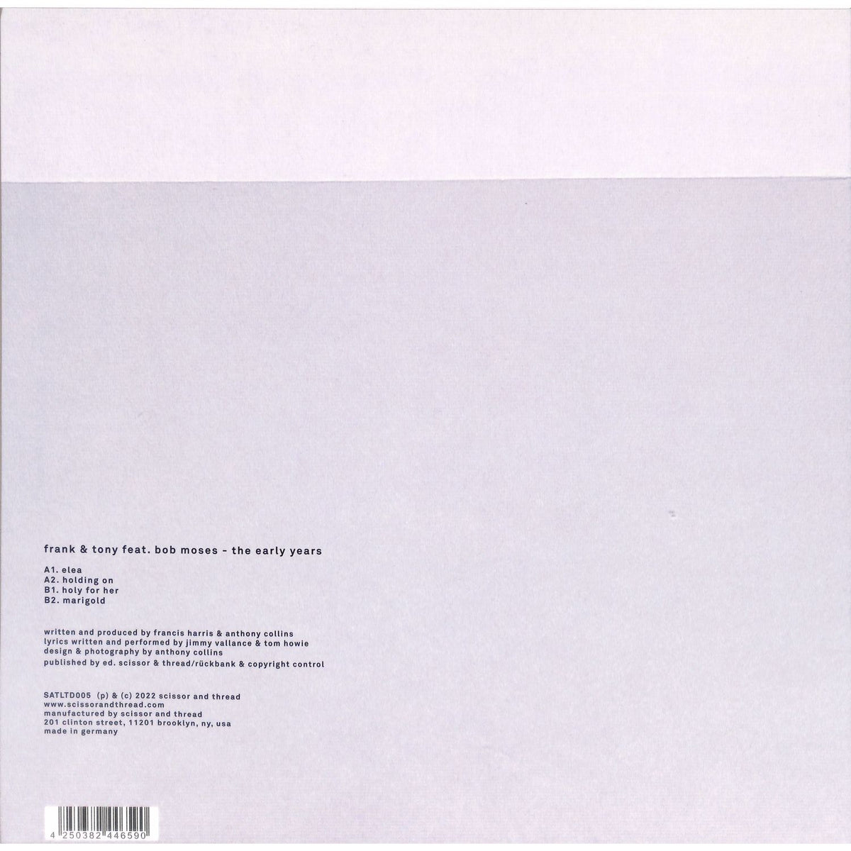 Front of Frank & Tony feat. Bob Moses vinyl record titled The Early Years by Word and Sound, with colorful album artwork.