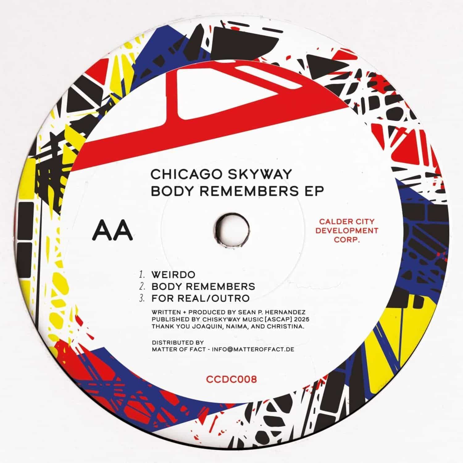 Decks Chicago Skyway – Body Remembers EP vinyl record with black and white label, showing the record's grooves and label details.
