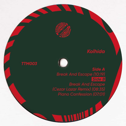 Decks vinyl record of Cezar Lazar's "Break and Escape" EP by KOLHIDA, showing the back cover with artwork and track details.