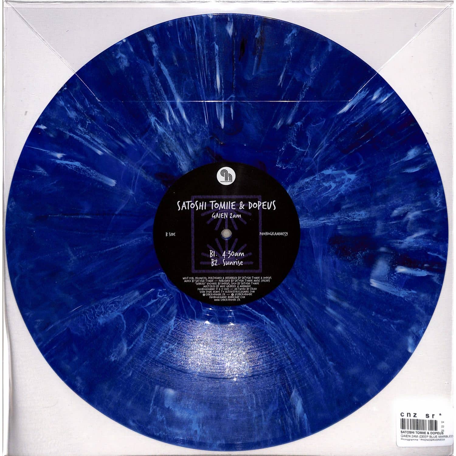 Back of Satoshi Tomiie & Dopeus GAIEN 2AM vinyl record by Syncrophone showing the album artwork and record label details.