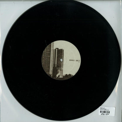 Second Hand WORKS UNIT – 001 vinyl record showing the back cover with artwork and text design.