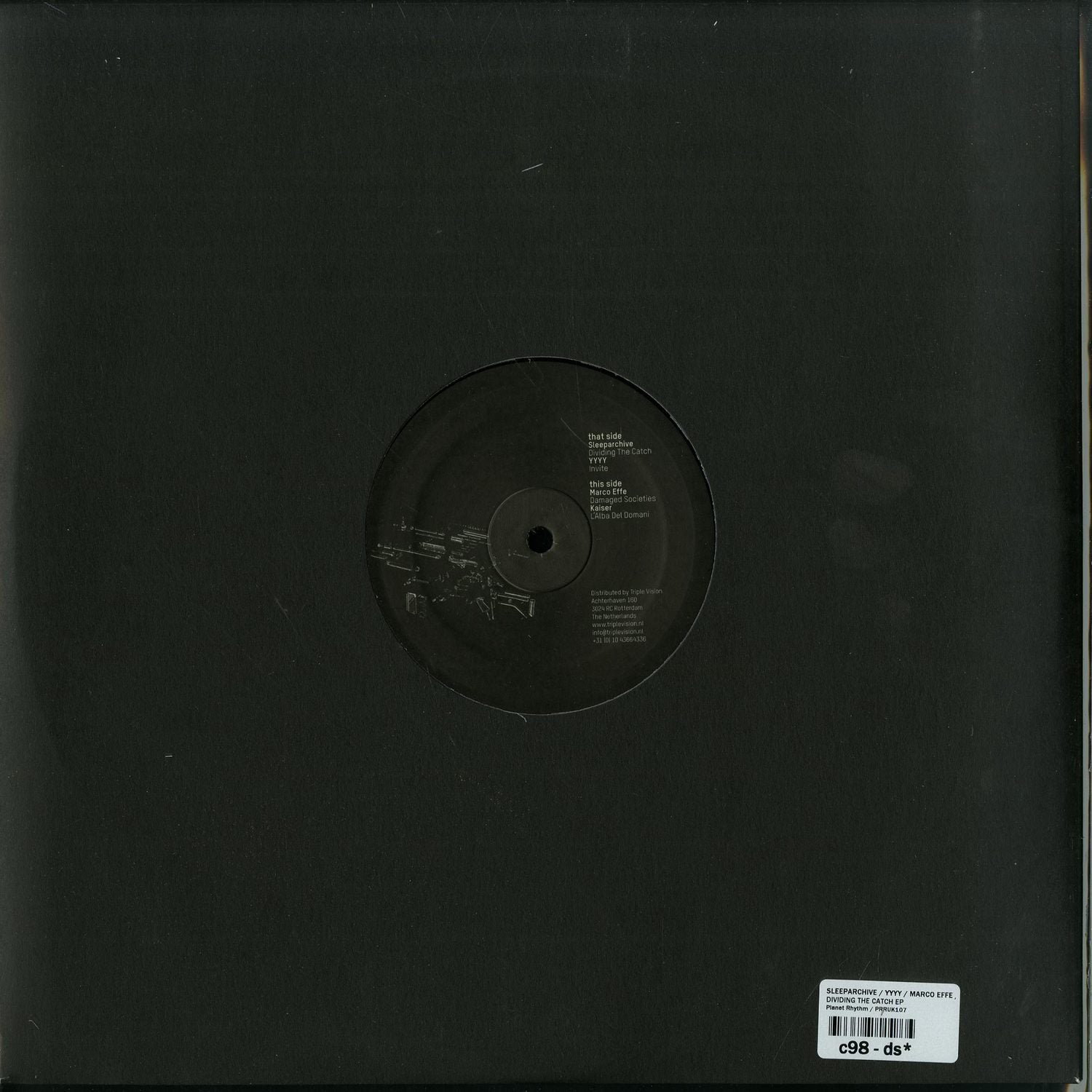 Second-hand vinyl record of "Dividing the Catch EP" by Marco Effe, featuring the back cover artwork of the Sleeparchive release.