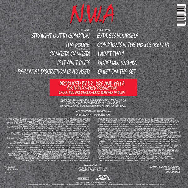 Back cover of second-hand N.W.A Straight Outta Compton vinyl record showing album artwork and design details.