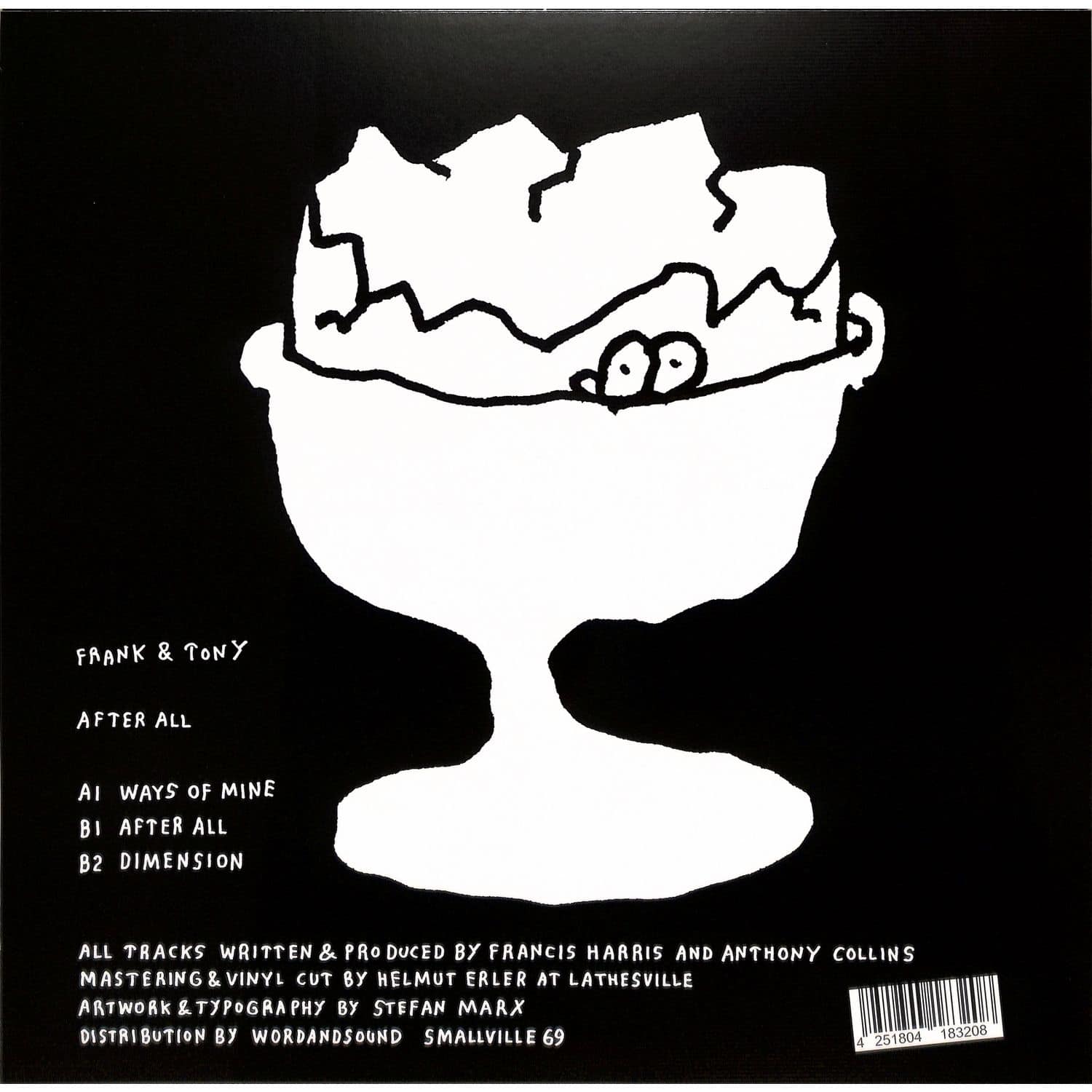 Back of the Frank & Tony "After All" vinyl record by Word and Sound, showing the dark-colored record and label detail.