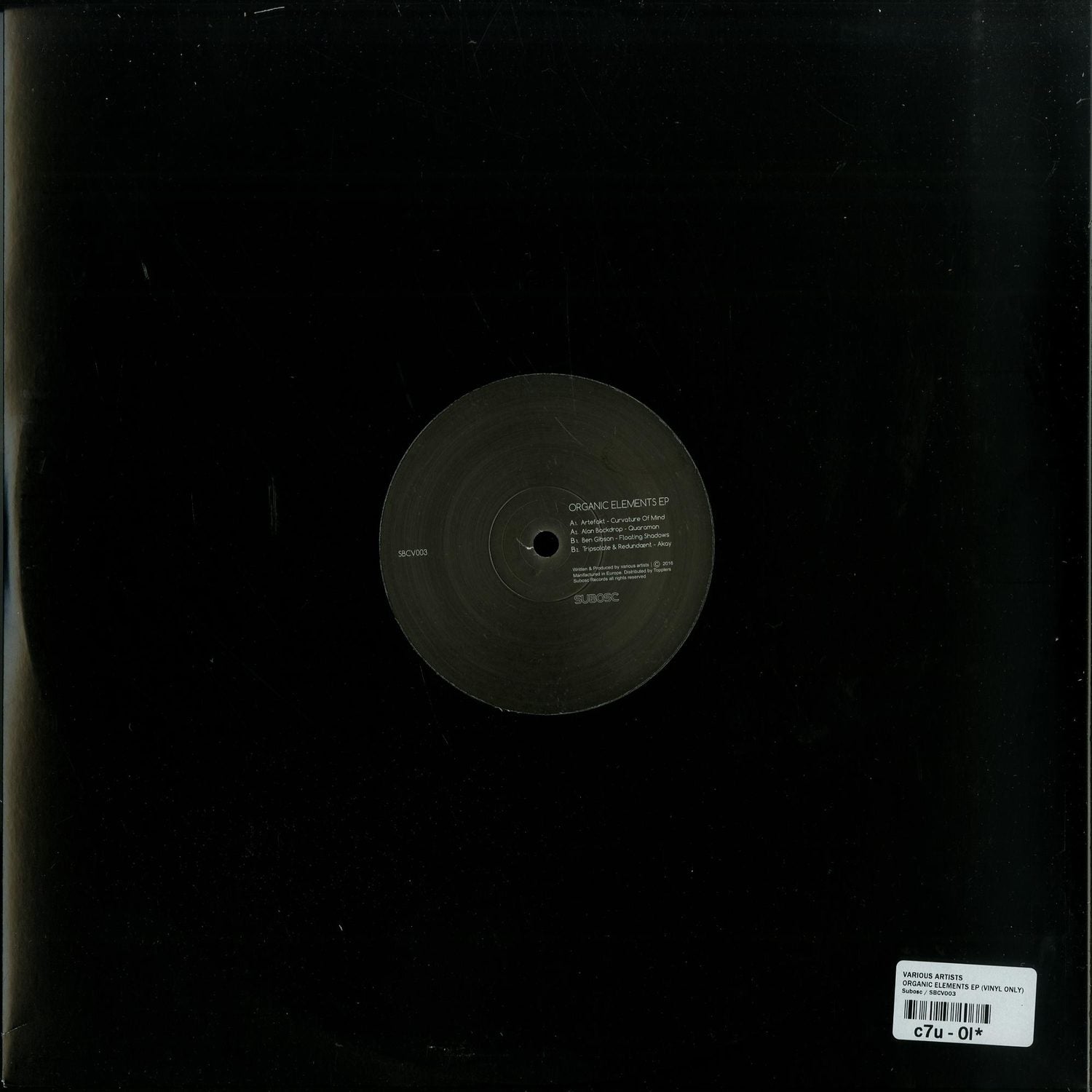 Second hand vinyl record of Artefakt's Alan Backdrop from the Organic Elements EP, featuring a colorful abstract artwork on the cover.