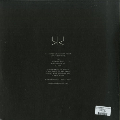Back cover of Second Hand vinyl record "Catalogue of Errors" by Inigo Kennedy & Samuli Kemppi, featuring abstract artwork and track listing.