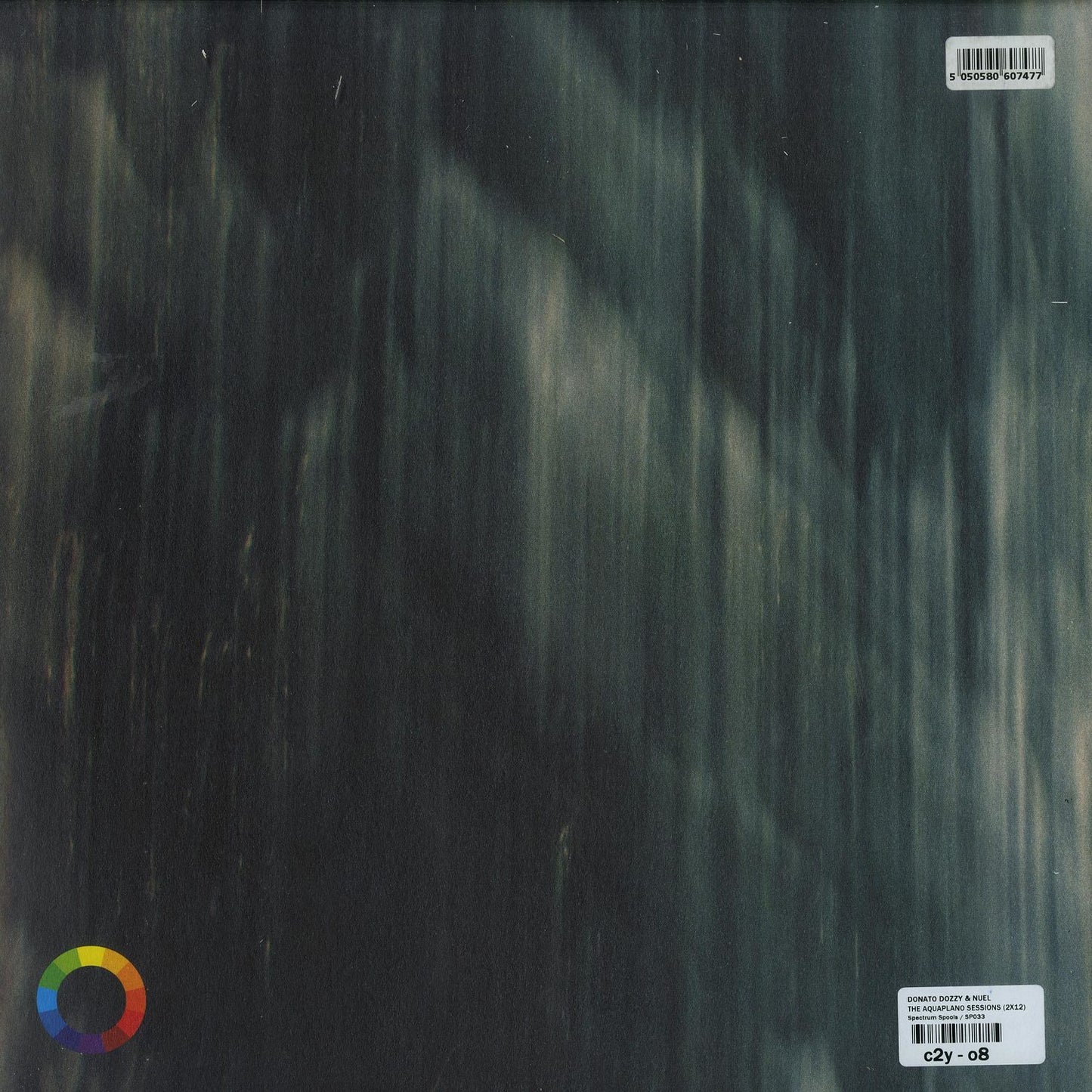 Second hand vinyl record of Donato Dozzy & Nuel's The Aquapano Sessions, showing the back cover with abstract artwork and track details.