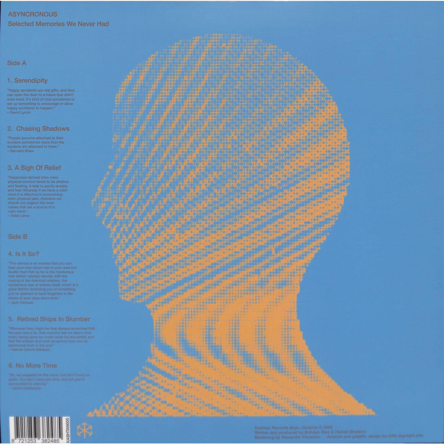 Back cover of Triple Vision's vinyl record "Selected Memories We Never Had" by ASYNCRONOUS, featuring abstract artwork.