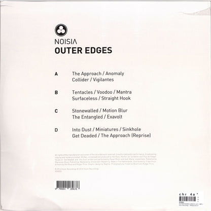 Back of NOISIA – OUTER EDGES vinyl record by Triple Vision showing the record's colorful label design.