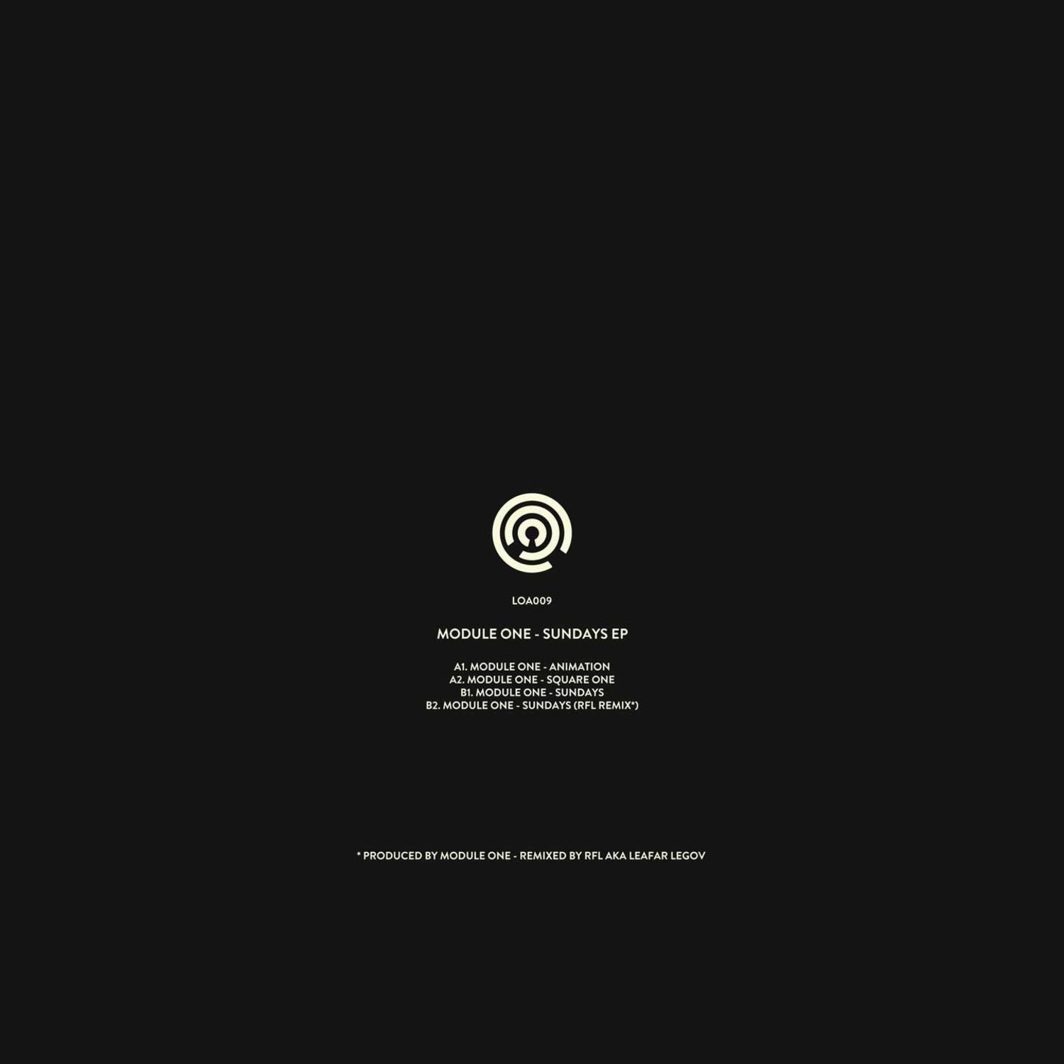 Decks MODULE ONE, RFL – SUNDAYS EP vinyl record with black and white label, resting on a wooden surface.