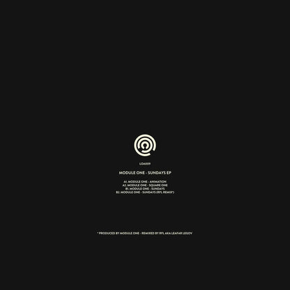 Decks MODULE ONE, RFL – SUNDAYS EP vinyl record with black and white label, resting on a wooden surface.