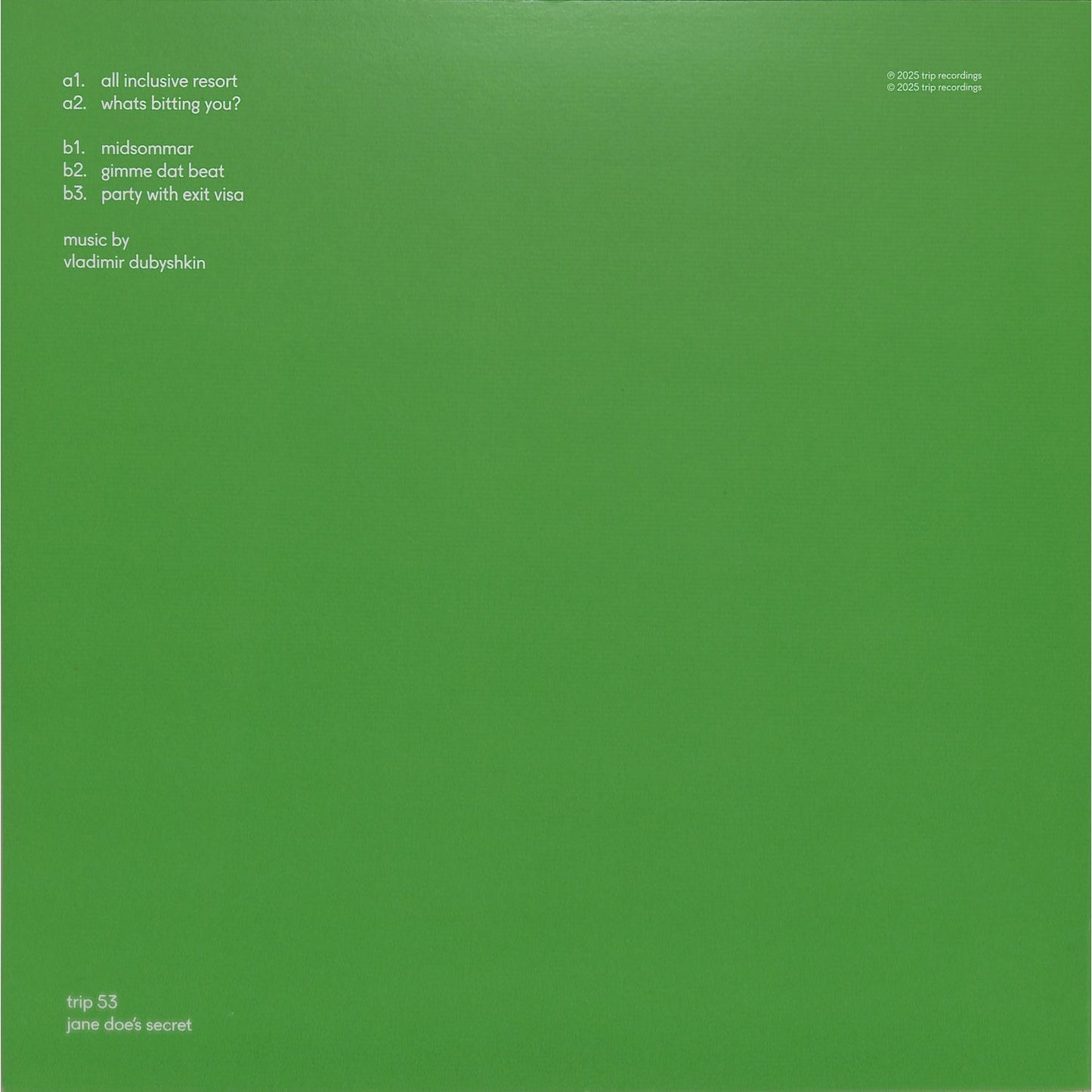 Back of Vladimir Dubyshkin’s vinyl record "Jane Doe's Secret" by Triple Vision showing the album cover and record sleeve design.