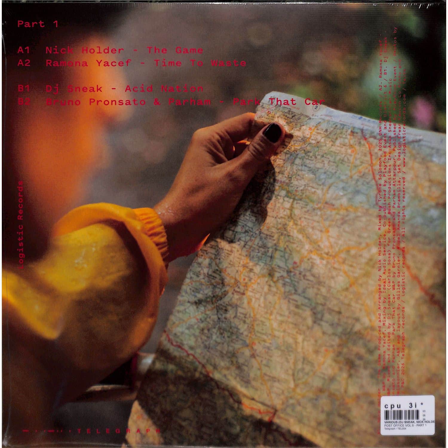 Back of vinyl record "Post Office 6 (Part 1)" by Nick Holder, Ramona Yacef, DJ Sneak, Bruno Pronsato & Parham, Syncrophone label.