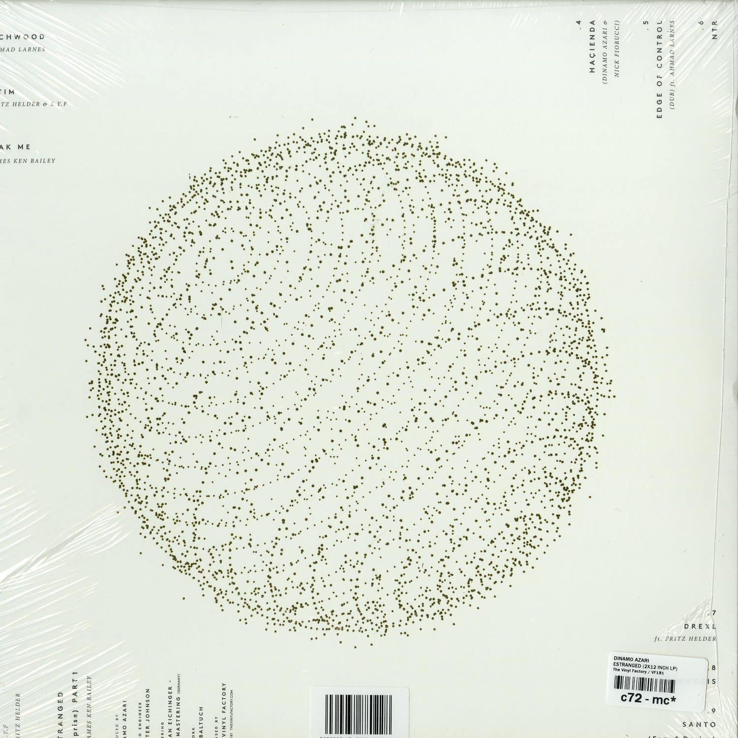 Decks Dinamo Azari Estranged vinyl record back cover with abstract artwork and tracklist details.