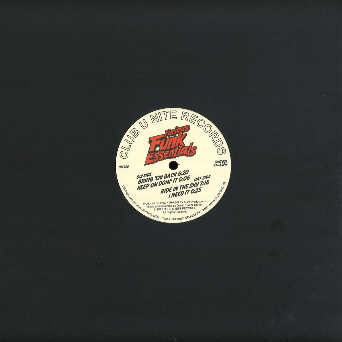Back cover of Vinyl Future's Two 4 Phunk Furious Funk Essentials vinyl record, featuring colorful artwork and track details.
