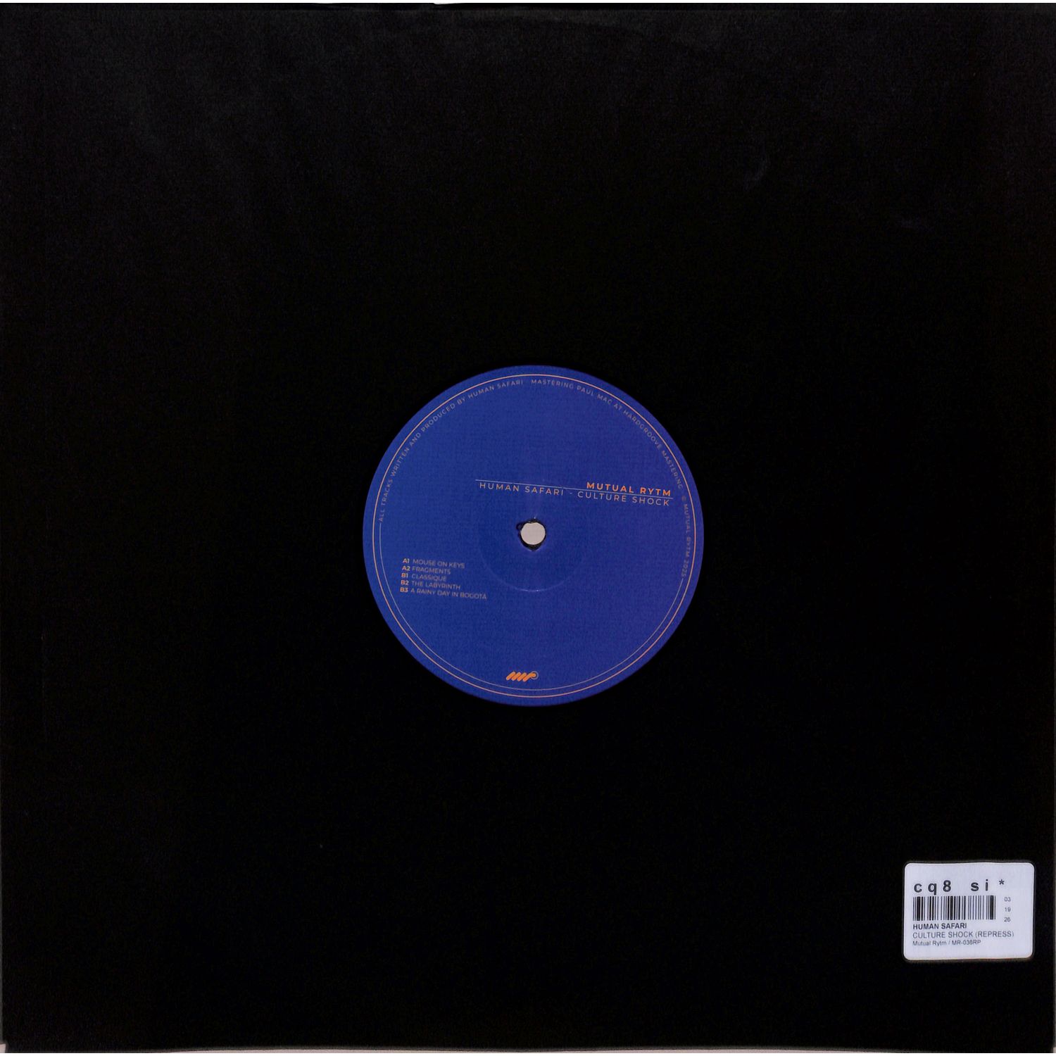 Close-up of the back cover of the Human Safari Culture Shock vinyl record by Triple Vision, featuring artwork and track information.