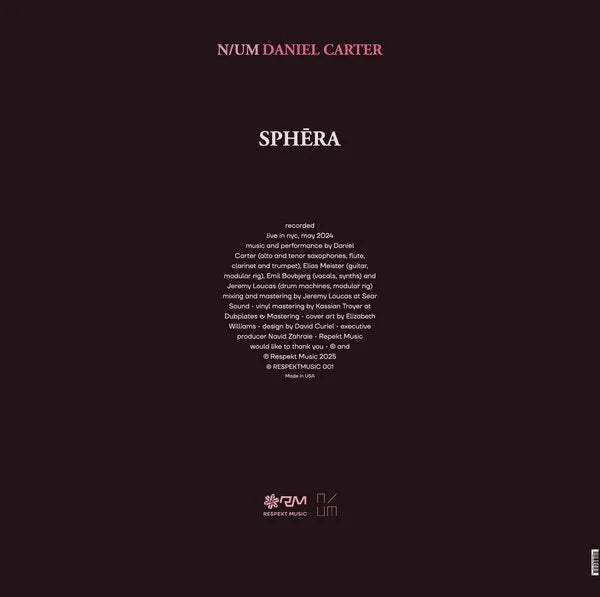 Yoyaku vinyl record "DANIEL CARTER, N/UM – SPHĒRA" with artwork and back cover design in a high-resolution image.