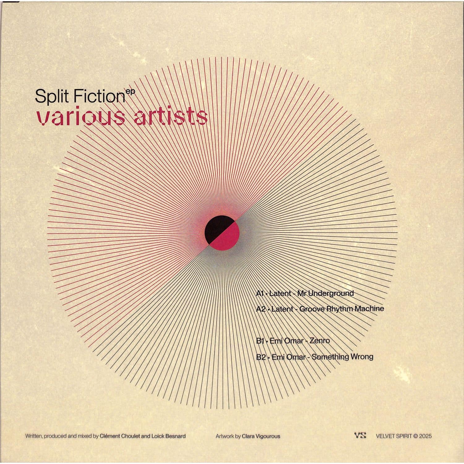 Back cover of Yoyaku's Latent EMI Ömar Split Fiction EP vinyl record with artwork and track listing.