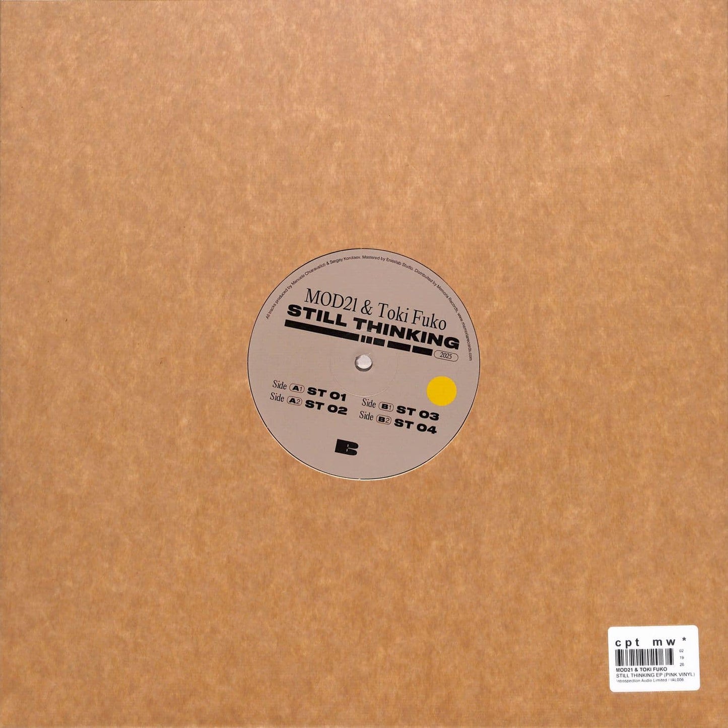 Back cover of Triple Vision MOD21 & TOKI FUKO Still Thinking EP vinyl record showcasing artwork and track listing.