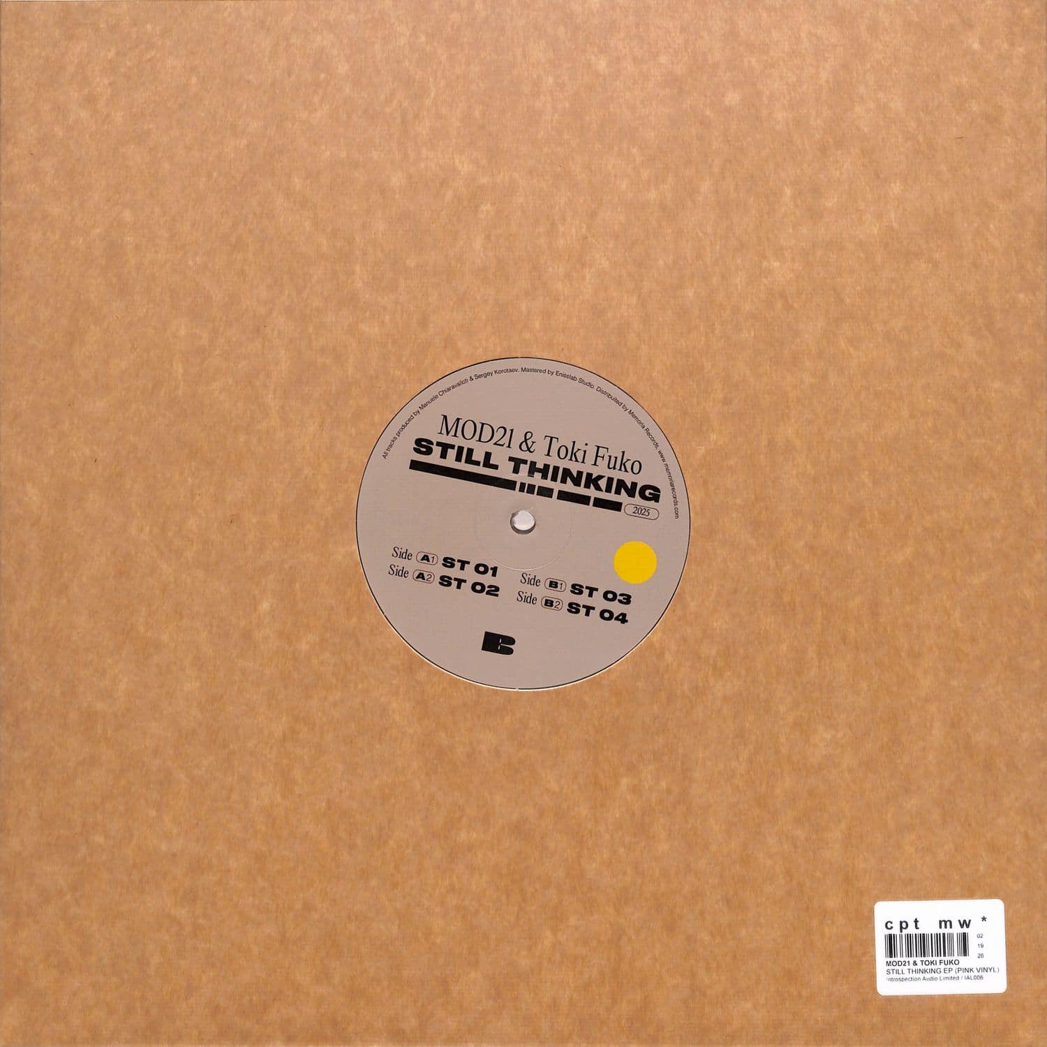 Back cover of Triple Vision MOD21 & TOKI FUKO Still Thinking EP vinyl record showcasing artwork and track listing.